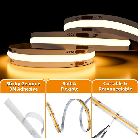 COB LED Strip Light 12V 18ft 5.5m Ultra Bright Warm White 3000K showing adhesive, flexibility, and cuttable features.