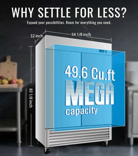 Top Notch Commercial Reach In Freezer Made From Solid Stainless Steel With A Roomy 49.6 Cubic Foot Hold and dimensions shown.