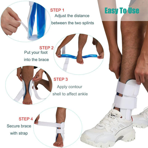 Stirrup Ankle Brace Stabilizer For Sprains And Tendonitis Gel Pads For Pain Relief application steps on foot, one size fits most.