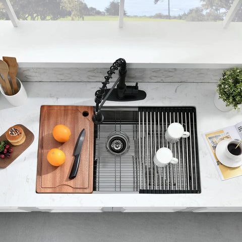 Undermount Bar Sink 15x19 In 16 Gauge Stainless Steel, Single Bowl For RV And Outdoor Kitchens with accessories shown