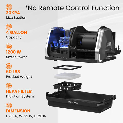 Cutaway of Wall-Mounted Wet Dry Vacuum Cleaner With 6 Nozzles, 30 Ft Retractable Hose, 60 lbs, gray unit showing components.