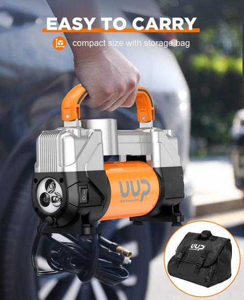 Beefy Heavy Duty 12V DC Double Cylinder Tire Inflator Air Compressor With Emergency LED Light shown with carry handle