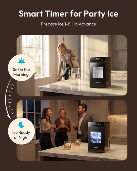 Crystal Clear Ice Ball Maker For Countertop 2.4 Inch Spheres 2 Piece Set on kitchen countertop in daytime and nighttime settings.