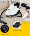Smooth Glide Steam Cleaner With Safety Trigger And 61 Oz Tank 1800W High Heat Vapor Blaster details, portable handle and wheels.