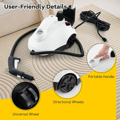 Smooth Glide Steam Cleaner With Safety Trigger And 61 Oz Tank 1800W High Heat Vapor Blaster details, portable handle and wheels.