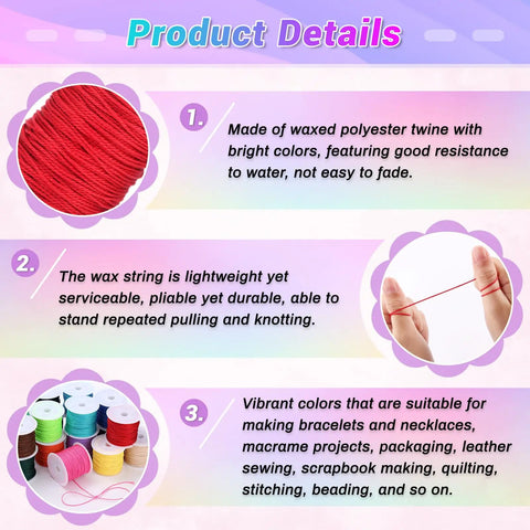 Product details of Twenty Rolls Wax String For Bracelet Making, features include durable waxed thread cord for DIY and macrame projects