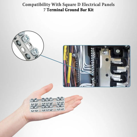 7 Terminal Ground Bar Kit for Square D Electrical Panels, shown on hand and installed in main panel, two-pack, tin-plated copper.