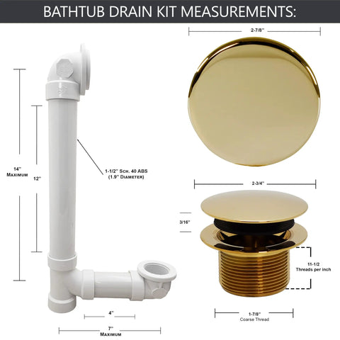 Slick Sch 40 Pvc Bathtub Waste Assembly With Illusion Overflow Plate And Tip Toe Drain Plug Polished Brass Finish measurements