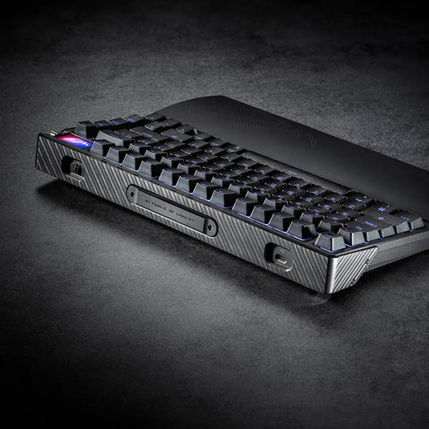 Wireless Mechanical Gaming Keyboard With Gasket Mount And 75 Layout Using Clicky Pbt Keycaps Brushed Aluminum Build side view on black surface.