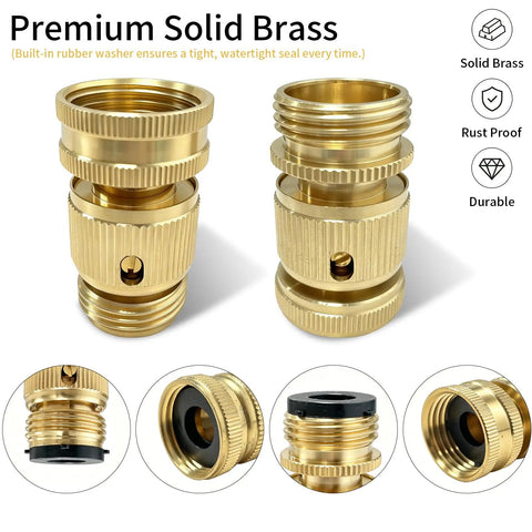 Premium Brass Garden Hose Quick Connectors 3/4 Inch GHT Repair Kit With Male Female Couplers And Washers To Fix Leaky Hoses Fast Without Tools Perfect For Yards And Sprinklers brass hose connectors