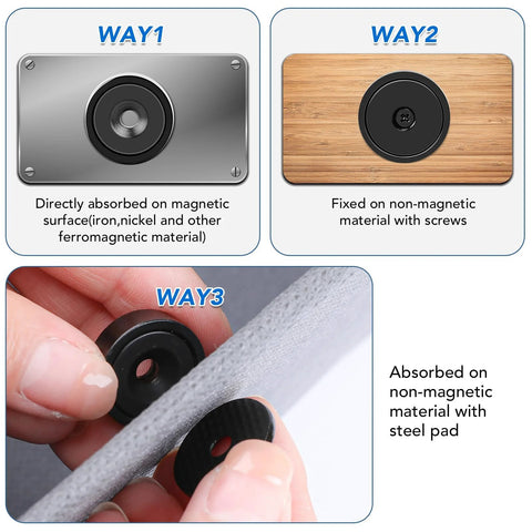 MIKEDE 12-pack neodymium cup magnets with countersunk holes; black, 0.98x0.22 in; shown on metal and wood with steel pad