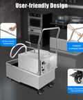 Heavy Duty Mobile Fryer Filter Cart With 14.5 Gallon Tank And High Speed Filtration For Commercial Kitchens Efficiently Cleans Used Cooking Oil Using Fine Mesh Paper Filters with user-friendly design and foldable handle.