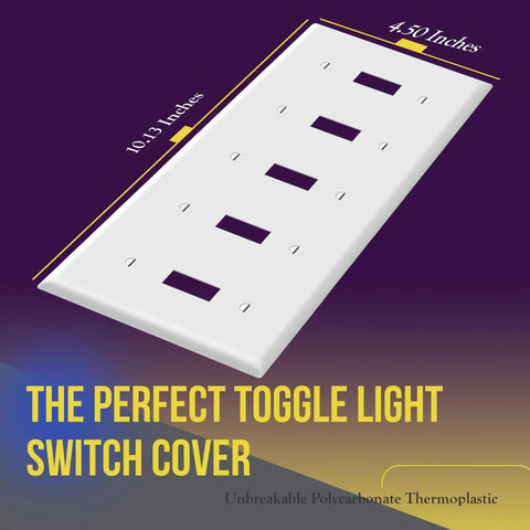 Five Gang Toggle Light Switch Wall Plate With Gloss Finish Built To Last Tough As Nails Durable Unbreakable Polycarbonate Thermoplastic 4.5 By 10.03 Inches Heat And Fade Resistant UL Listed White angled view.
