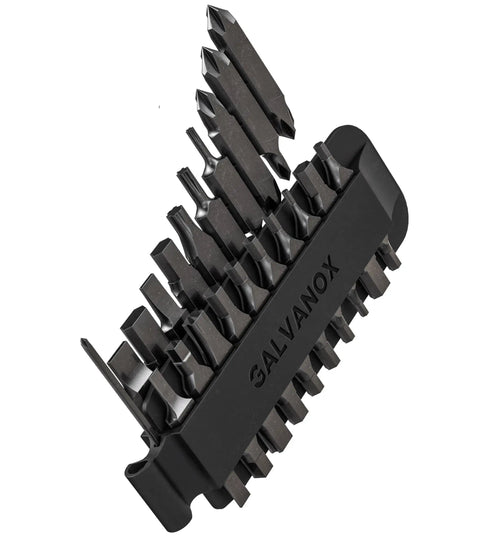 Leatherman Compatible Bit Kit With 21 Hardened 59HRC S2 Steel Bits, showing magnetic notched bits and holder