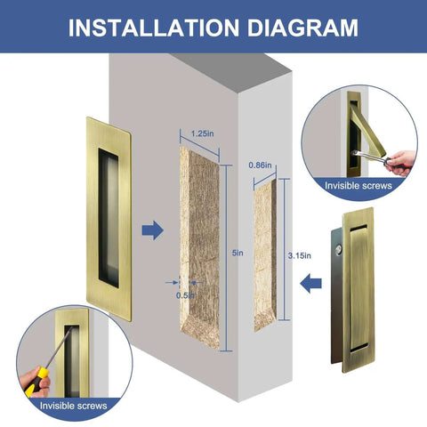 Installation diagram for Pocket Door Hardware Set With Edge Pulls And Recessed Flush Pulls In Antique Brass showing measurements