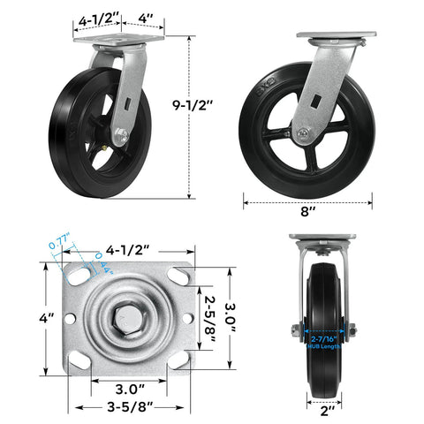 Diagram of Heavy Duty 8 Inch Swivel Caster Wheels Set of 4 With Rubber Tread And Cast Iron Core No Noise Shock Absorbing Non Marking