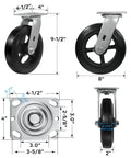 8 Inch Heavy Duty Caster Wheels Set Of 4 With Two Brakes And Two Swivel Casters, Rubber Tread On Cast Iron Core, Dimensions