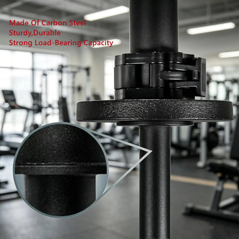 Close-up of carbon steel wrist strength trainer for 2-inch Olympic plates in gym setting, focus on clamp detail