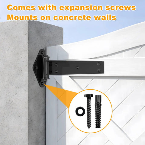 Solid As A Rock Weld On T Hinges For Heavy Duty Gates 13 Inch 1100 Lb Capacity installed on a concrete wall with expansion screws.
