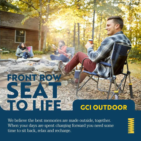 Freestyle Rocker Outdoor Rocking Chair with Beverage Holder by a Campfire in a Forest Setting