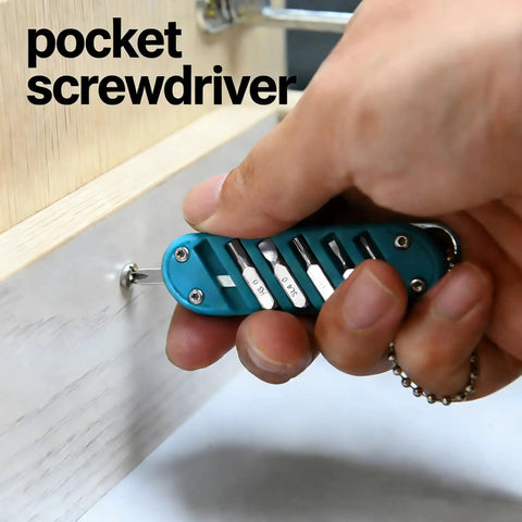 7-In-1 EDC Pocket Knife Multitool for Keychain Quick Fixes, Outdoor Gear, and Daily Tasks, Blue device in hand used as screwdriver