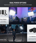 Two Pack 18 Inch Bi Color LED Panel Light Kit With Remote For Streaming And Vlog indoors and outdoors with dual power options.