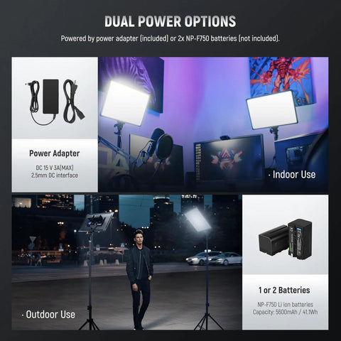 Two Pack 18 Inch Bi Color LED Panel Light Kit With Remote For Streaming And Vlog indoors and outdoors with dual power options.