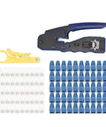 All In One Ethernet Crimp Tool For Cat5 Cat5e Cat6 Cat6A Pass Through Connectors Cutter And Wire Stripper With Hardened Blades displayed