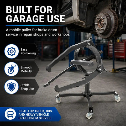 Beefy Three Jaw Brake Drum Puller With Adjustable Arms And Four Caster Legs For Cars And Trucks in garage setup