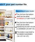 Refrigerator showing Crisper Pan Cover And Shelf Frame Without Glass For Fridge 26 Series Models sizes and part numbers.