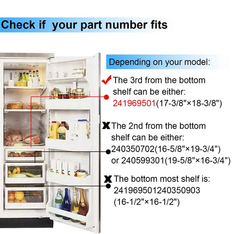 Refrigerator showing Crisper Pan Cover And Shelf Frame Without Glass For Fridge 26 Series Models sizes and part numbers.