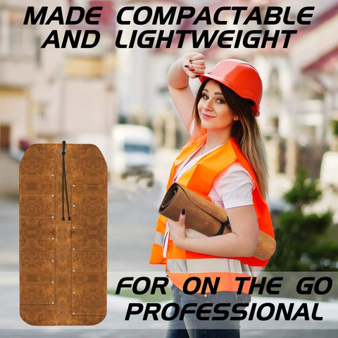 Woman holding 12 Pocket Suede Leather Tool Roll Up Organizer Bag for woodworking tools, showing durability and practicality for travel.