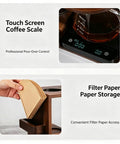 Next Level Pour Over Coffee Station And Complete Eight Piece Brewing Kit With Gooseneck Kettle Manual Ceramic Burr Grinder Large Glass Server And Solid Wood Rack, showing touch screen coffee scale and filter paper storage.
