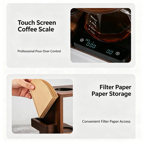 Next Level Pour Over Coffee Station And Complete Eight Piece Brewing Kit With Gooseneck Kettle Manual Ceramic Burr Grinder Large Glass Server And Solid Wood Rack, showing touch screen coffee scale and filter paper storage.