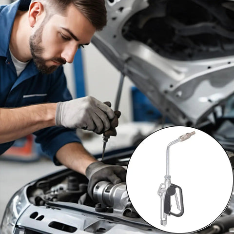 Rijdaua Super Compact Air-Powered Fluid Transfer Pump with Leakproof Nozzle For Lubricants and Oil Control at 35 Lpm Flow Rate and Heavy Duty Aluminum Alloy Construction Ideal For Car Maintenance being used by a mechanic.