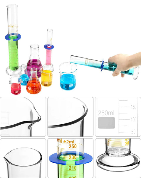 9 Piece Borosilicate Glass Labware Set With Beakers Erlenmeyer Flasks And Graduated Cylinders Heat Resistant Chemistry Gear