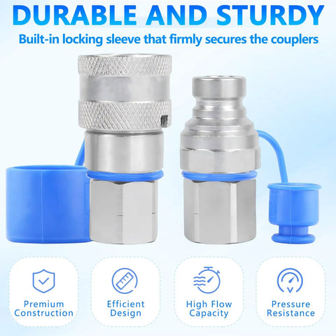 Flat Face Hydraulic Quick Connect Fittings Set One Quarter Inch NPT Dust Caps Included Universal Bobcat Style ISO 16028