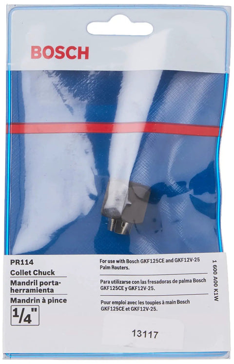 Self-Releasing One Quarter Inch Collet Chuck PR114 For Palm Routers with Quick Bit Changes in packaging front view
