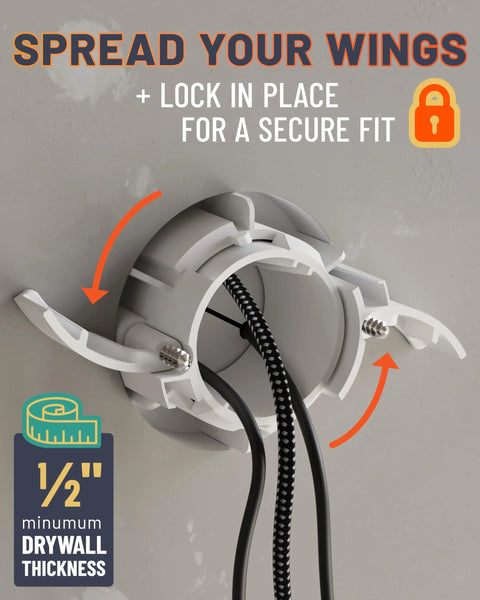 Two Pack Mini In Wall TV Cord Hider Kit Two Point Five Inch Width with locking winged grommets installed on drywall