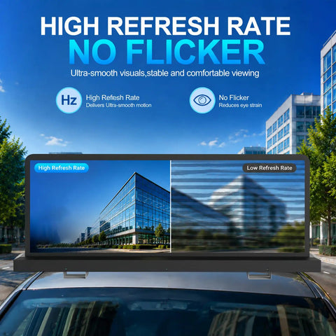 Smooth Rolling P2.5 Double Sided Taxi Roof Led Display With Dope Bright 4K Video Clarity And Sweet Contrast That Keeps Commuters Staring At Your Ads Right Now showing high and low refresh rate comparison.