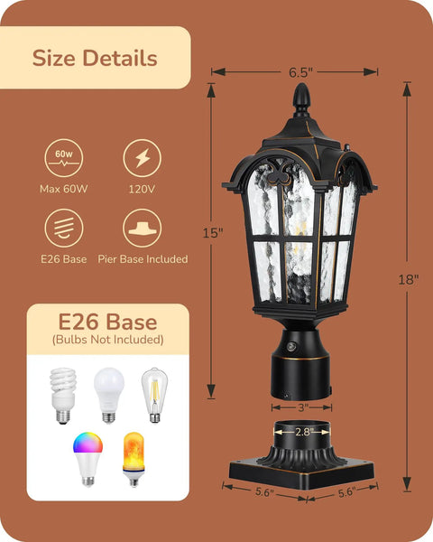 Dusk To Dawn Outdoor Post Light With Pier Mount Base Black Roman Weatherproof Lamp Post Lantern With Water Ripple Glass