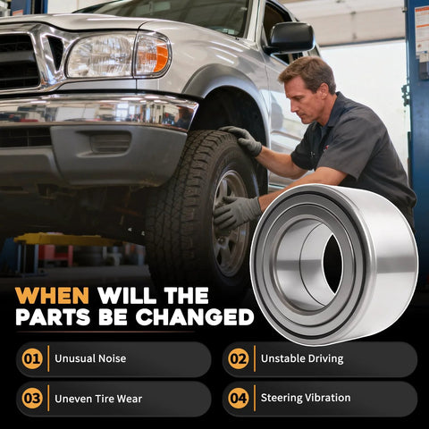 Mechanic installing front wheel hub bearing replacement for Tacomas, 4Runners, Tundras, and Sequoias 1995-2007