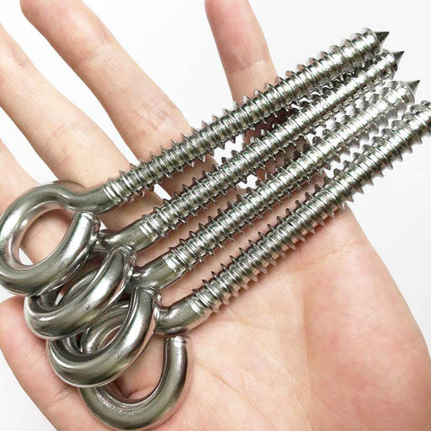 4 Pack M8 Heavy Duty Swing Hooks Eye Screws 1200Lb Capacity Hammock Hanging Kit shown in hand displaying stainless steel material