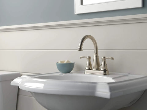Porter Two Handle Centerset Bathroom Faucet In Brushed Nickel With Mid Arc Spout 7 Inch High, 5 Inch Reach, installed on sink