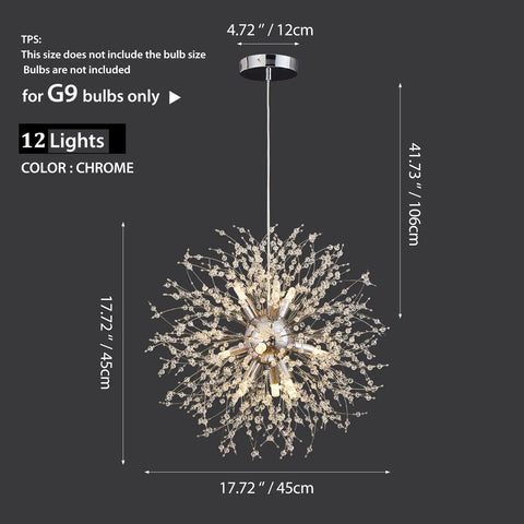 Dope Crystal Firework Chandelier With 12 Lights Dandelion Style Semi Flush Mount Ceiling Light for dining rooms shown in chrome