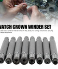 Watch Crown Winder Tool Set 8 Piece 2 To 10mm Manual Winding Repair Kit for Mechanical Watches shown with wristwatch