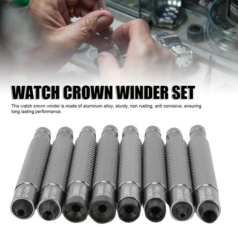 Watch Crown Winder Tool Set 8 Piece 2 To 10mm Manual Winding Repair Kit for Mechanical Watches shown with wristwatch