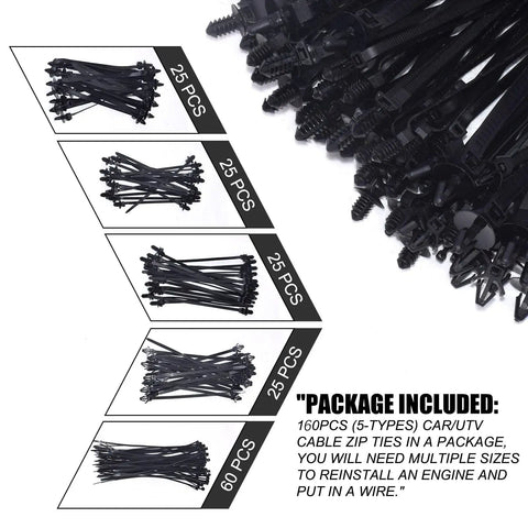 Heavy Duty Nylon Push Mount Cable Zip Ties Kit UV resistant, 160 pcs in 5 sizes, detailed view with packaging information.