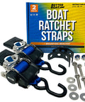 Beefed Up Stainless Steel Heavy Duty Retractable Ratchet Straps Set, 2 Inch By 43 Inch, with box, hooks, brackets, and bolts for boat trailer.