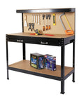 63 Inch Heavy Duty Workbench With Drawer And Pegboard Storage, MDF Top, Steel Frame, Lower Shelf, Tools Displayed on Pegboard